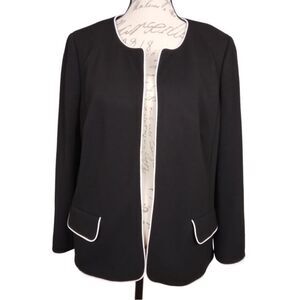 Women’s Talbots 12P Black Open Front Blazer With White Piping Trim Career